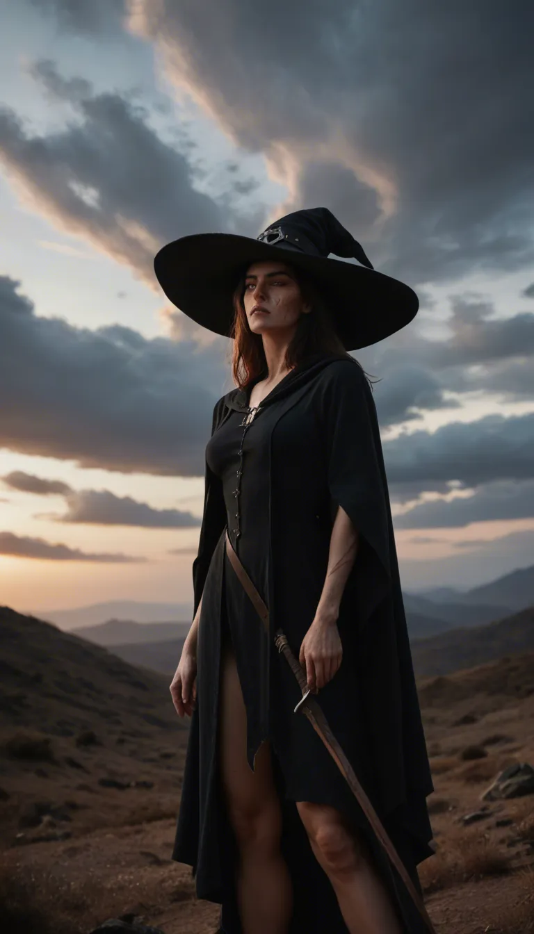 cinematic photo, 8k, dutch angle, witch, orgasm, scar, cloudy sky, lifelike render