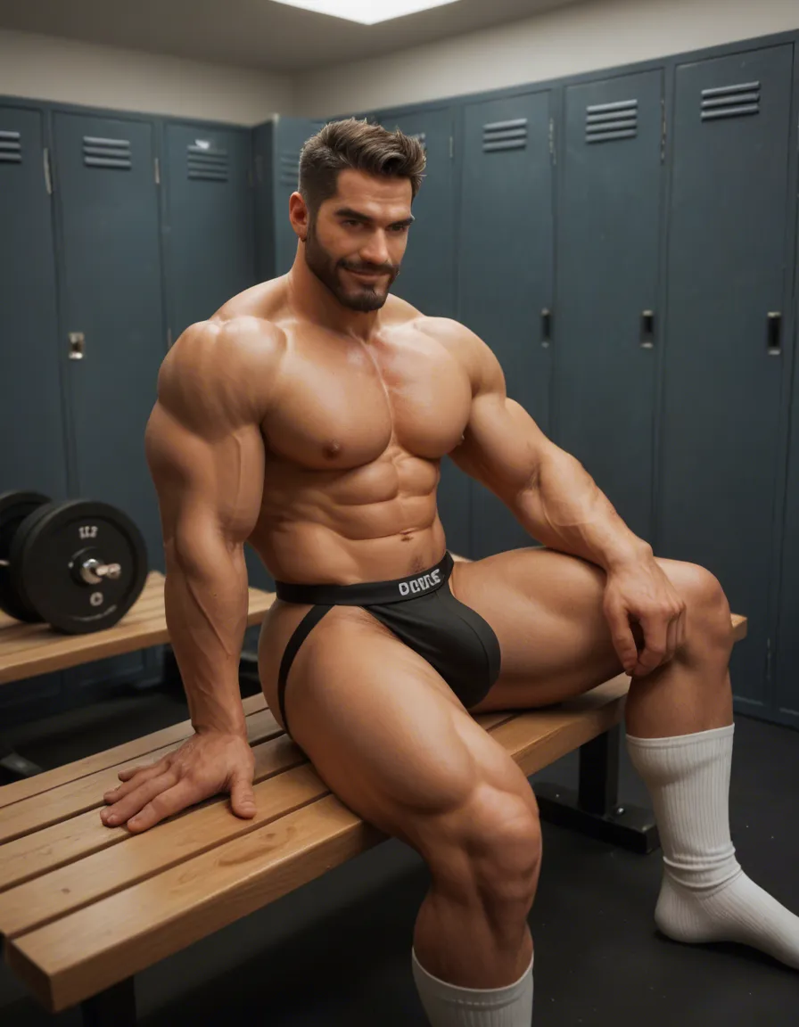 male_focus, 1boy, muscular, big pectorals, big arms, black hair, beard, gym, locker room, bench, sitting, big bulge, jockstrap, wearing white socks, cheeky smile, thick_thighs,, score_9, score_8, candid photo, realistic skin texture, visible skin pores, film grain, depth of field