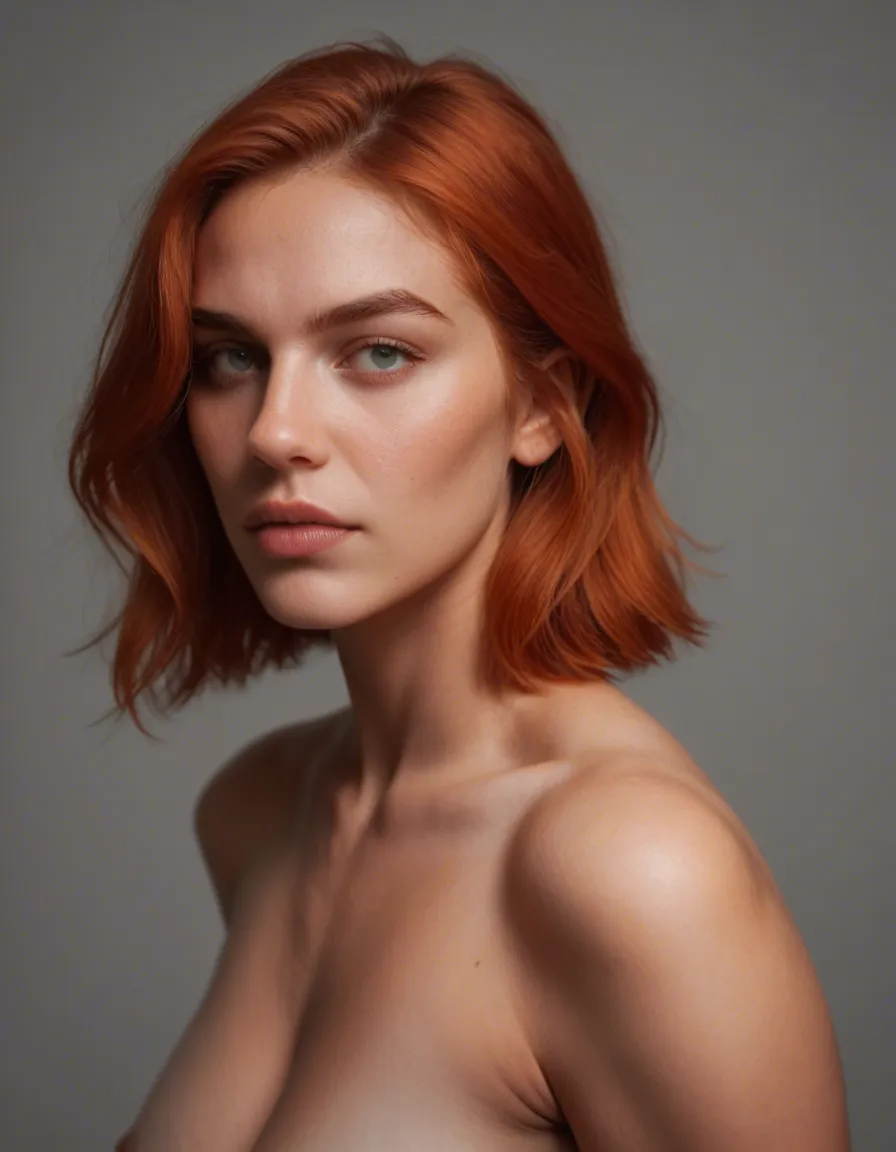 best quality, hyperrealistic, medium shot, redhead woman, futanari, petite adult woman, grey background, film photography, score_9, score_8, candid photo, realistic skin texture, visible skin pores, film grain, depth of field