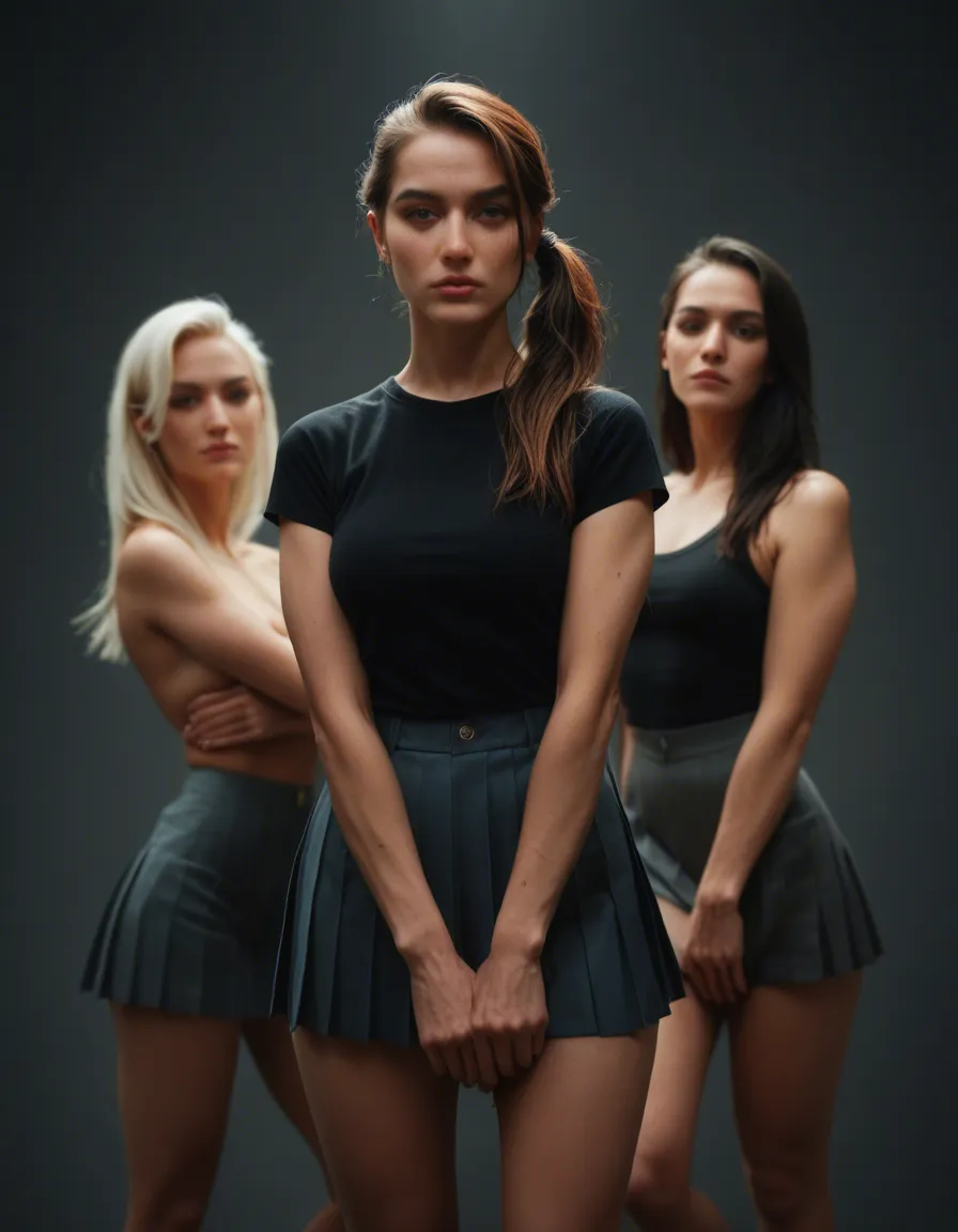 ultra HD, lifelike, 4girls, side ponytail, pleated skirt, fully nude, volumetric light, hyperrealistic, score_9, score_8, candid photo, realistic skin texture, visible skin pores, film grain, depth of field