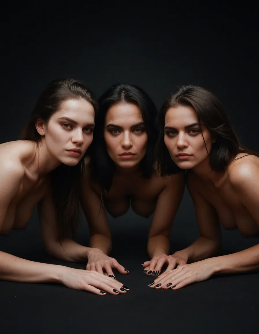 RAW photo, ultra realistic, 3women, on all fours, nail polish, black background, score_9, score_8, candid photo, realistic skin texture, visible skin pores, film grain, depth of field