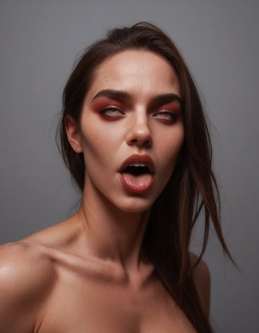 sharp focus, 8k uhd, over the shoulder, demon girl, ahegao, bare legs, simple background, lustful eyes, natural skin texture, score_9, score_8, candid photo, realistic skin texture, visible skin pores, film grain, depth of field