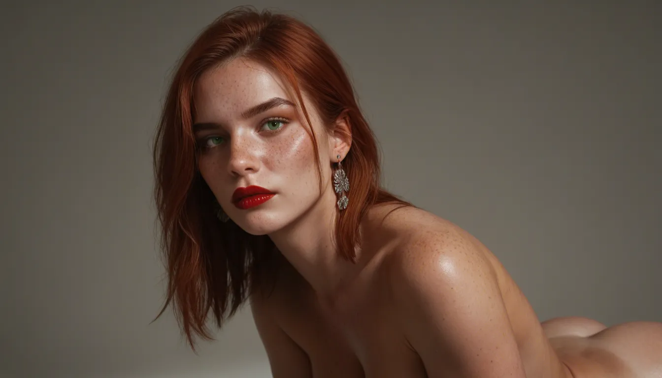 sharp focus, detailed skin, 23 year old, (caucasian), dark red lipstick, freckles, silver earrings, round face, bangs hair, auburn hair, green eyes, lighter skin, medium body, large breasts, large ass, full body, wide angle, soft light, (thick red pubic bush), yellow lace basque with lace cups, dark grey lace stockings, (black stilettos), toying ass, from behind, bedroom, wooden floor, bed, bedside table, small lamp, window, night, score_9, score_8, candid photo, realistic skin texture, visible skin pores, film grain, depth of field