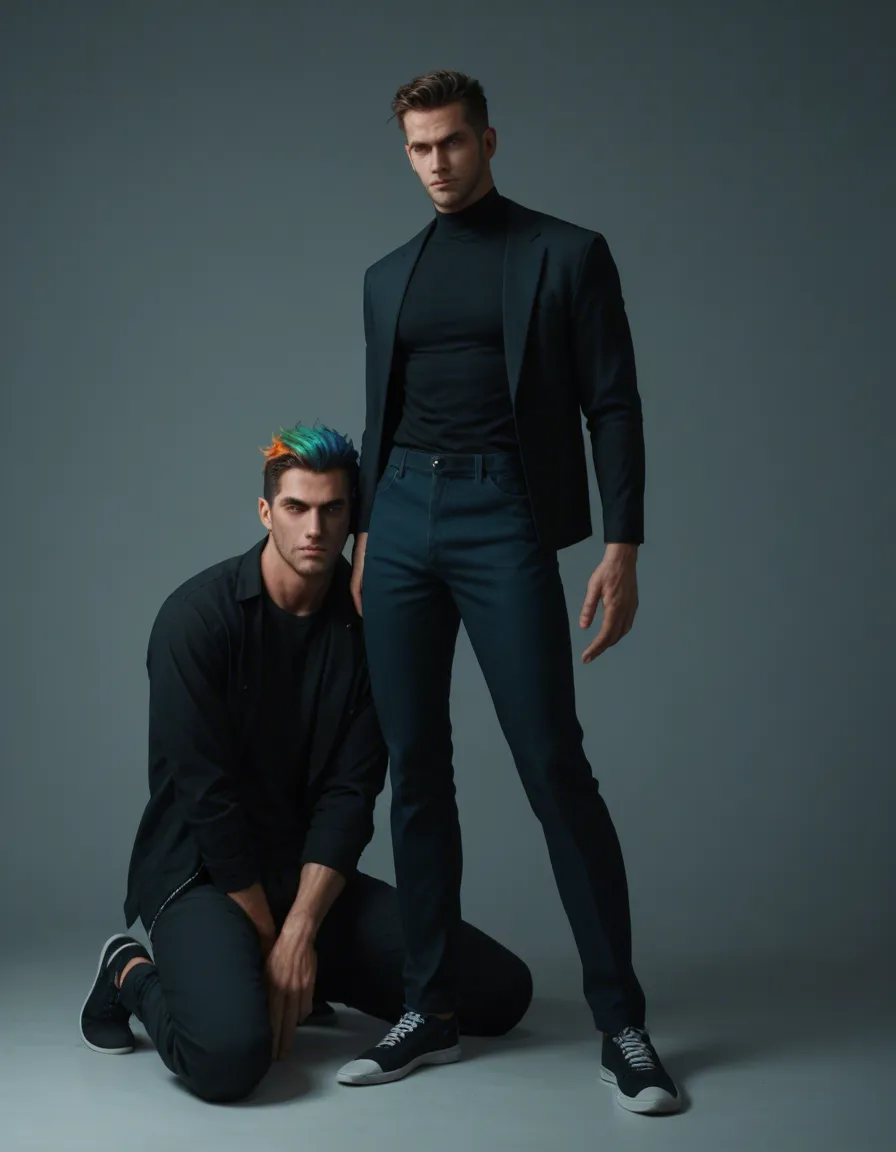 highly detailed, vibrant, 2boys, gradient hair, pants, leg up, dominant stare, full body, soft anime shading