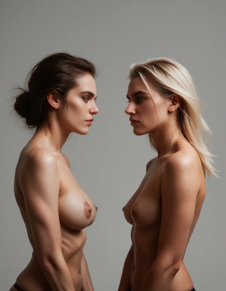 RAW photo, ultra realistic, multiple girls, topless, skindentation, grey background, studio photo, score_9, score_8, candid photo, realistic skin texture, visible skin pores, film grain, depth of field