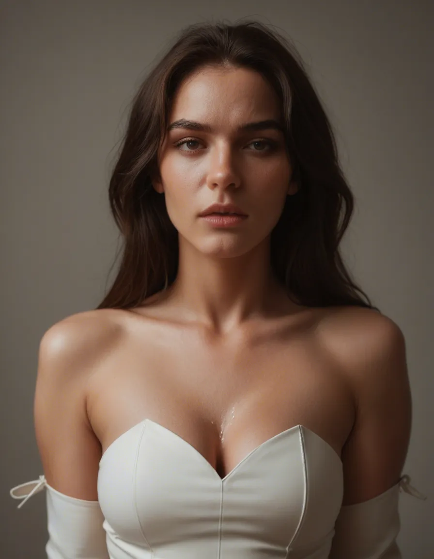 ultra HD, lifelike, brunette woman, bare shoulders, detached sleeves, creampie, 8k uhd photo, score_9, score_8, candid photo, realistic skin texture, visible skin pores, film grain, depth of field