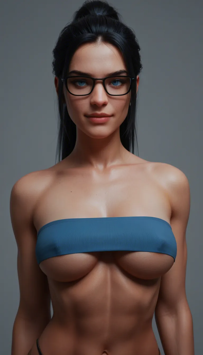 high detail, view front, underboob, long black hair, high ponytail, fringe hairstyle, almond blue eyes, black-framed eyewear, seductive smile, paizuri, huge breasts, shiny blue micro bikini, shoulder tattoo, arm tattoo, toned body, athletic body, cumshot, black background