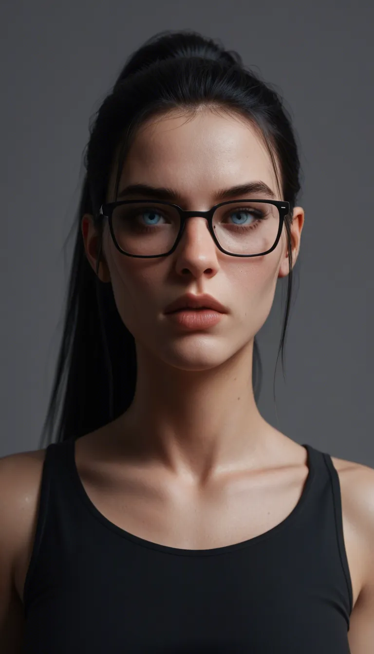 high detail, view front, long black hair, high ponytail, fringe hairstyle, almond blue eyes, black-framed eyewear, kissable mouth, breastfuck, huge breasts, shiny blue micro bikini, shoulder tattoo, arm tattoo, toned body, muscular body, cum on tits, black background