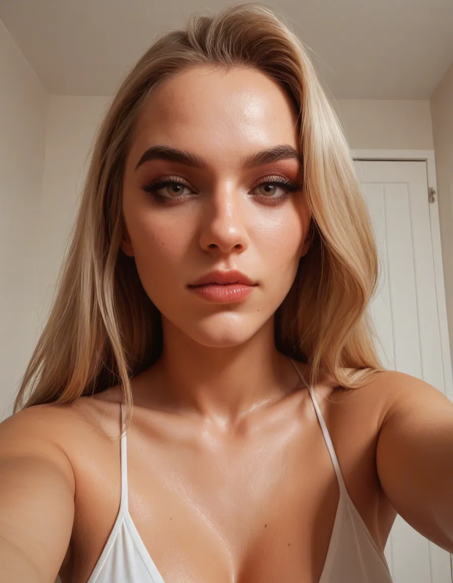 She has a polished, glamorous look, with carefully styled hair and prominent eye makeup. The photo appears to be a bathroom/selfie-style portrait.
Hair: Her hair is long and falls well below her shoulders. It appears predominantly warm brown/light brunette, with noticeably lighter blonde/caramel highlights, particularly around the front sections. It’s styled in loose, soft waves/curls, giving it quite a voluminous appearance.
Face: Her face appears softly rounded/oval, with fairly defined cheekbones and a gently tapered chin.
Eyes: Her eyes are accentuated heavily with makeup. She has very long, thick false-looking eyelashes, dark eyeliner/eyeshadow around the eyes, and shaped eyebrows.
Eyebrows: Her eyebrows are relatively full and neatly groomed, with a defined arch.
Makeup: She has a noticeable glam makeup style — rosy/blushed cheeks, even-looking complexion, contoured facial features, and glossy/nude-toned lipstick.
Lips: Her lips appear fairly full, with a defined cupid's bow and a muted pink/nude lipstick or gloss.
Skin: Her complexion looks smooth and lightly warm-toned under the indoor lighting, with pink/rosy colour around the cheeks.
She is naked taking big penis, score_9, score_8, candid photo, realistic skin texture, visible skin pores, film grain, depth of field