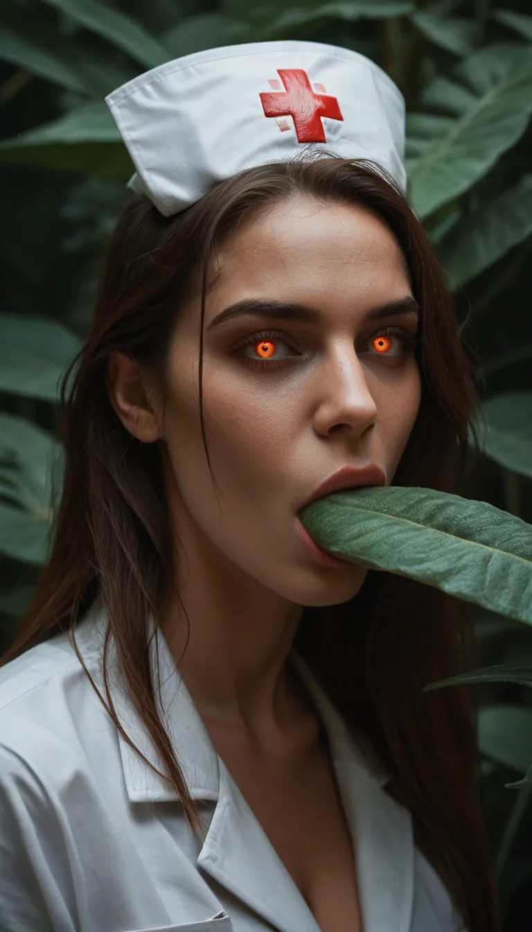 cinematic photo, 8k, nurse, oral, colored skin, plant, lustful eyes, hyperrealistic