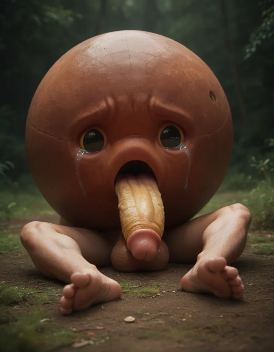 Cute fleshy sphere waddling head, living ball, sad, crying, male, yellow wide erect penis below, big swollen hyper testicles, small black eyes, tongue sticking out, small sphere feet, no legs, no limbs, no arms, resting on the ground, score_9, score_8, cinematic film still, anamorphic, film grain, dramatic lighting, shallow depth of field