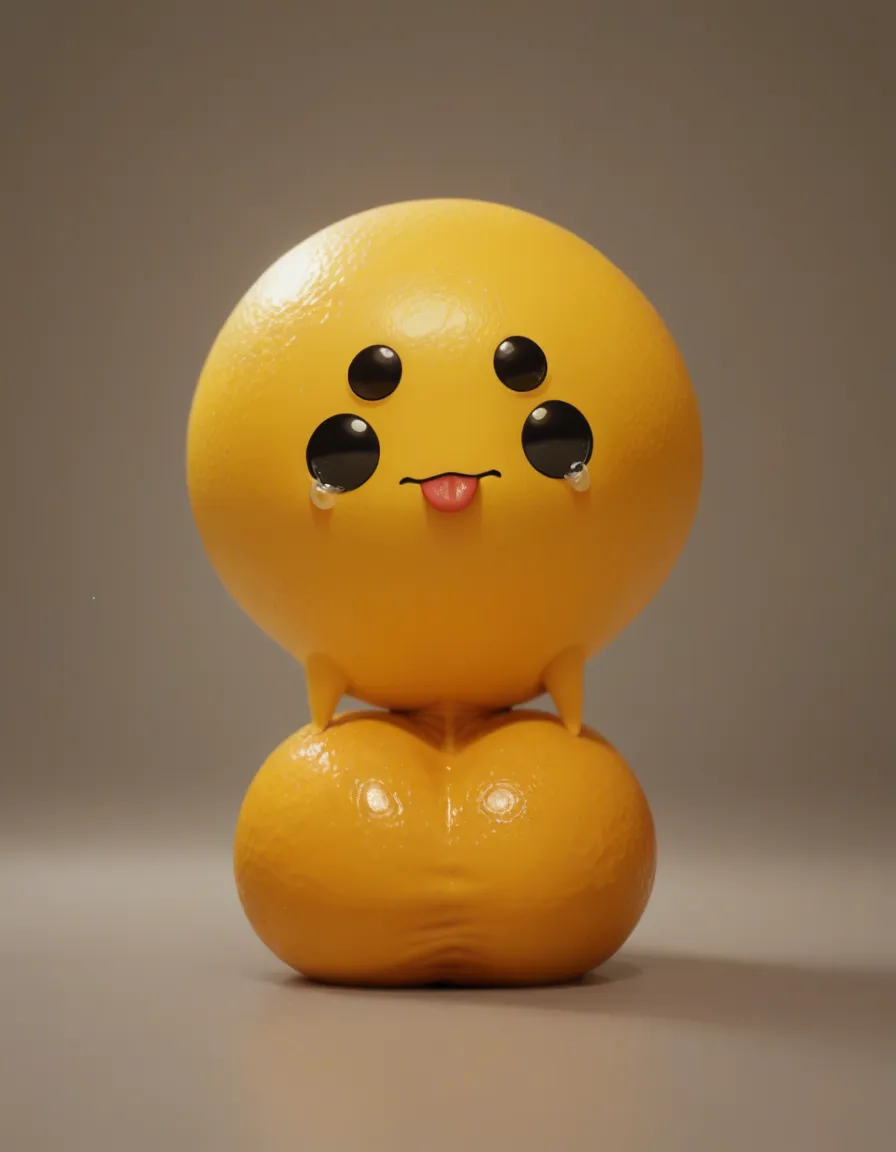 Cute yellow fleshy sphere creature, waddling head, living ball, yellow skin sad, crying, male, yellow wide erect penis below, big swollen hyper testicles, small black eyes, tongue sticking out, cute small spheres for feet, has no legs, has no limbs,  has no arms, resting on the ground, score_9, score_8, candid photo, realistic skin texture, visible skin pores, film grain, depth of field