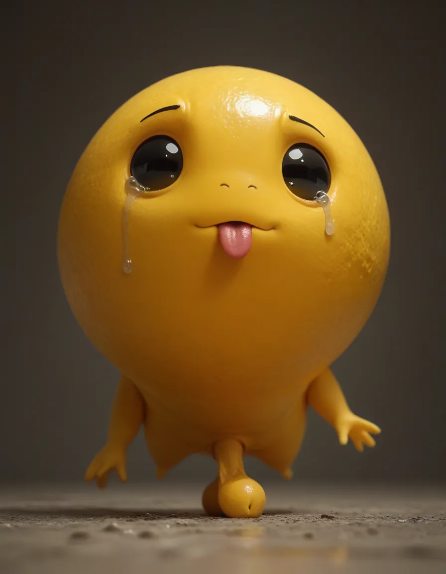 Cute yellow fleshy sphere creature, waddling head, living ball, yellow skin sad, crying, male, yellow wide erect penis below, big swollen hyper testicles, small black eyes, tongue sticking out, cute small spheres for feet, has no legs, has no limbs,  has no arms, resting on the ground, score_9, score_8, cinematic film still, anamorphic, film grain, dramatic lighting, shallow depth of field