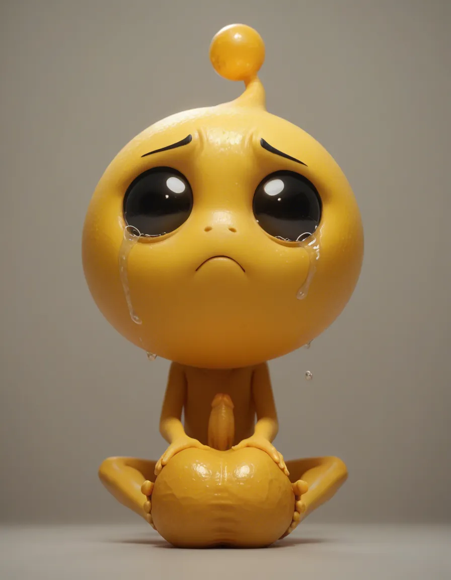 Cute yellow fleshy sphere creature, waddling head, living ball, yellow skin sad, crying, male, yellow wide erect penis below, big swollen hyper testicles, small black eyes, tongue sticking out, cute small spheres for feet, has no legs, has no limbs, has no arms, has no teeth, has no hands, resting on the ground, score_9, score_8, 3d render, octane render, subsurface scattering, ray tracing, smooth shading