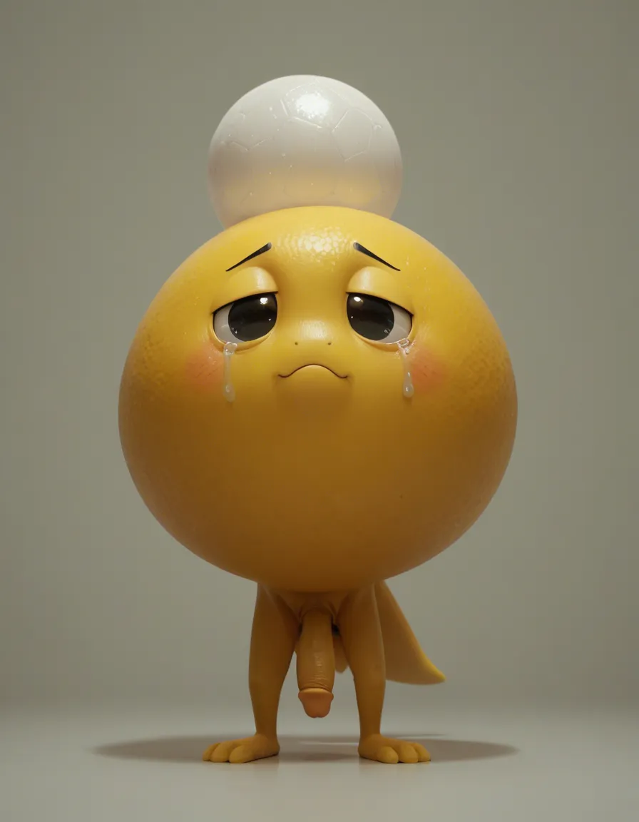 Cute yellow fleshy sphere creature, waddling head, living ball, yellow skin sad, crying, male, yellow wide erect penis below, big swollen hyper testicles, small black eyes, tongue sticking out, cute small spheres for feet, has no legs, has no limbs, has no arms, has no teeth, has no hands, resting on the ground, score_9, score_8, cinematic film still, anamorphic, film grain, dramatic lighting, shallow depth of field