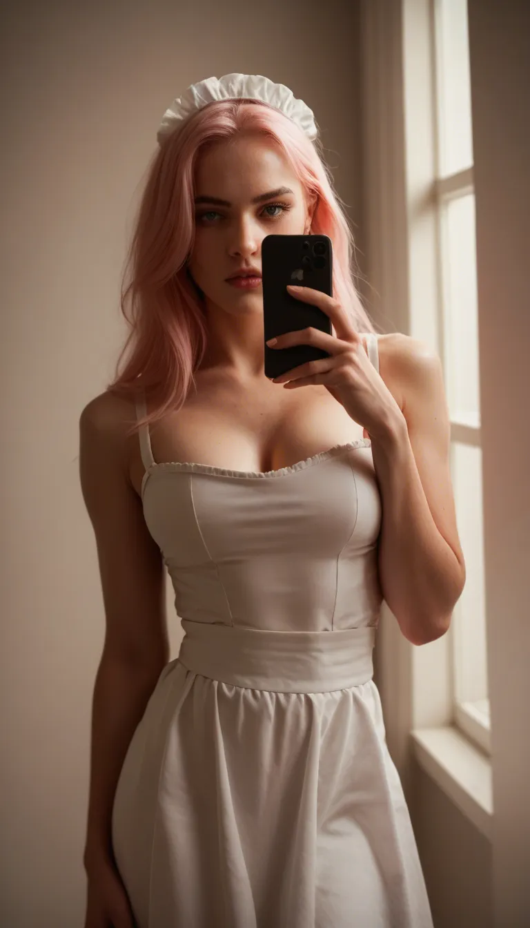 green_eyes pink_hair pink and white maid clothes_lift
