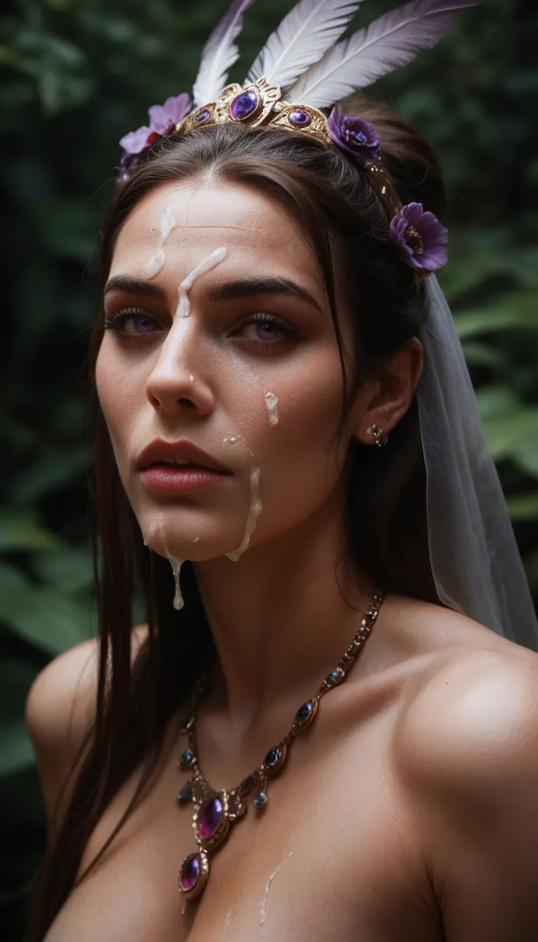 (cum on face), A mesmerizing digital portrait of a charismatic woman with piercing violet eyes, adorned in an ornate headdress, surrounded by vibrant blossoms and delicate feathers