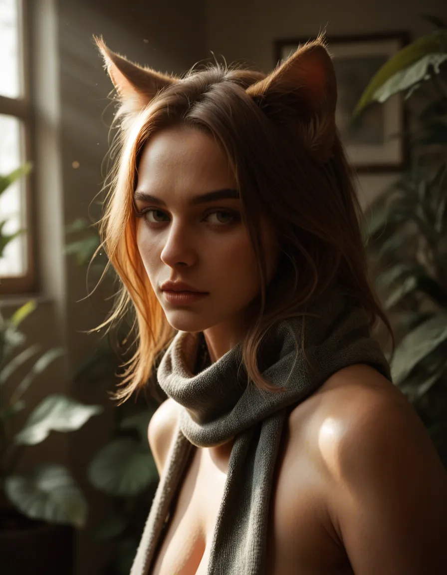 natural photo, authentic, portrait, catgirl, scarf, ribbon, fully nude, plant, natural lighting, score_9, score_8, amateur photo, phone snapshot, realistic skin texture, skin blemishes, soft indoor lighting
