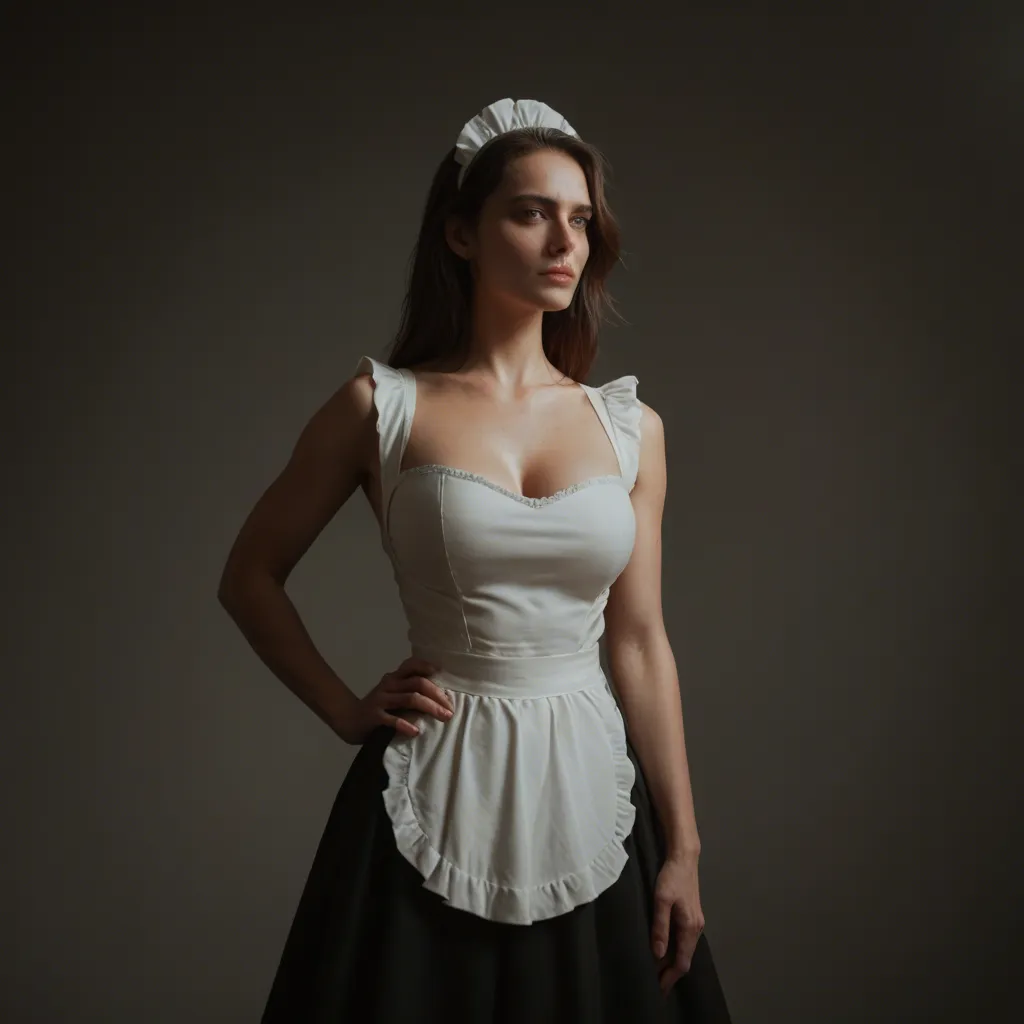 dslr, film grain, photorealistic, maid, futanari, hand on own hip, blurry background, lifelike full_body, score_9, score_8, cinematic film still, anamorphic, film grain, dramatic lighting, shallow depth of field