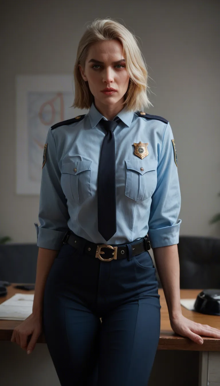 A short fit blonde mature_female police officer, standing in front of her desk at the police station, wearing a police_uniform, black pants, and black utility boots, unzips her pants, pulls down her white panties, and starts to masturbate.