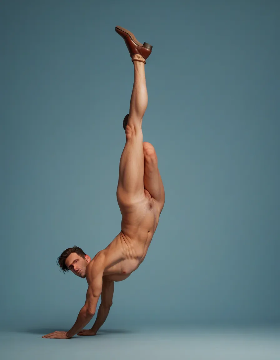 studio quality, sharp focus, wide shot, male focus, leg up, brown footwear, blue background, submissive blush, lifelike render, score_9, score_8, candid photo, realistic skin texture, visible skin pores, film grain, depth of field