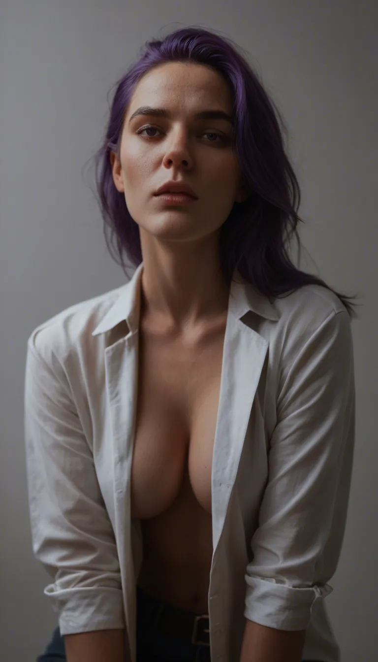 dslr, film grain, photorealistic, solo female, purple hair, open clothes, oral, lifelike render