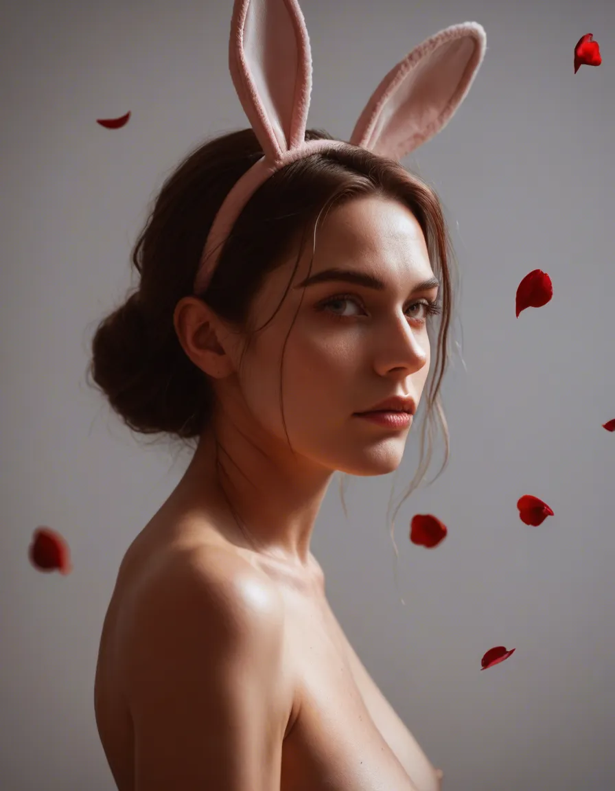 dslr, film grain, photorealistic, side view, solo focus, fully nude, fake animal ears, petals, dreamy atmosphere, lifelike render, score_9, score_8, candid photo, realistic skin texture, visible skin pores, film grain, depth of field