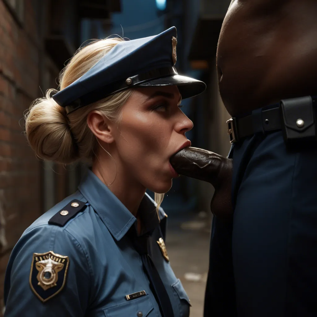 Ultrarealistic. Interracial deepthroat blowjob. Night, in alley. Mature female police officer, blonde hair in a loose bun, wearing police uniform, dark uniform pants, and black work boots, kneeling, aggressively blowing a dark-skinned man in t-shirt and jeans with a large penis. He's filming her on his phone. Dramatic lighting, sharp focus.