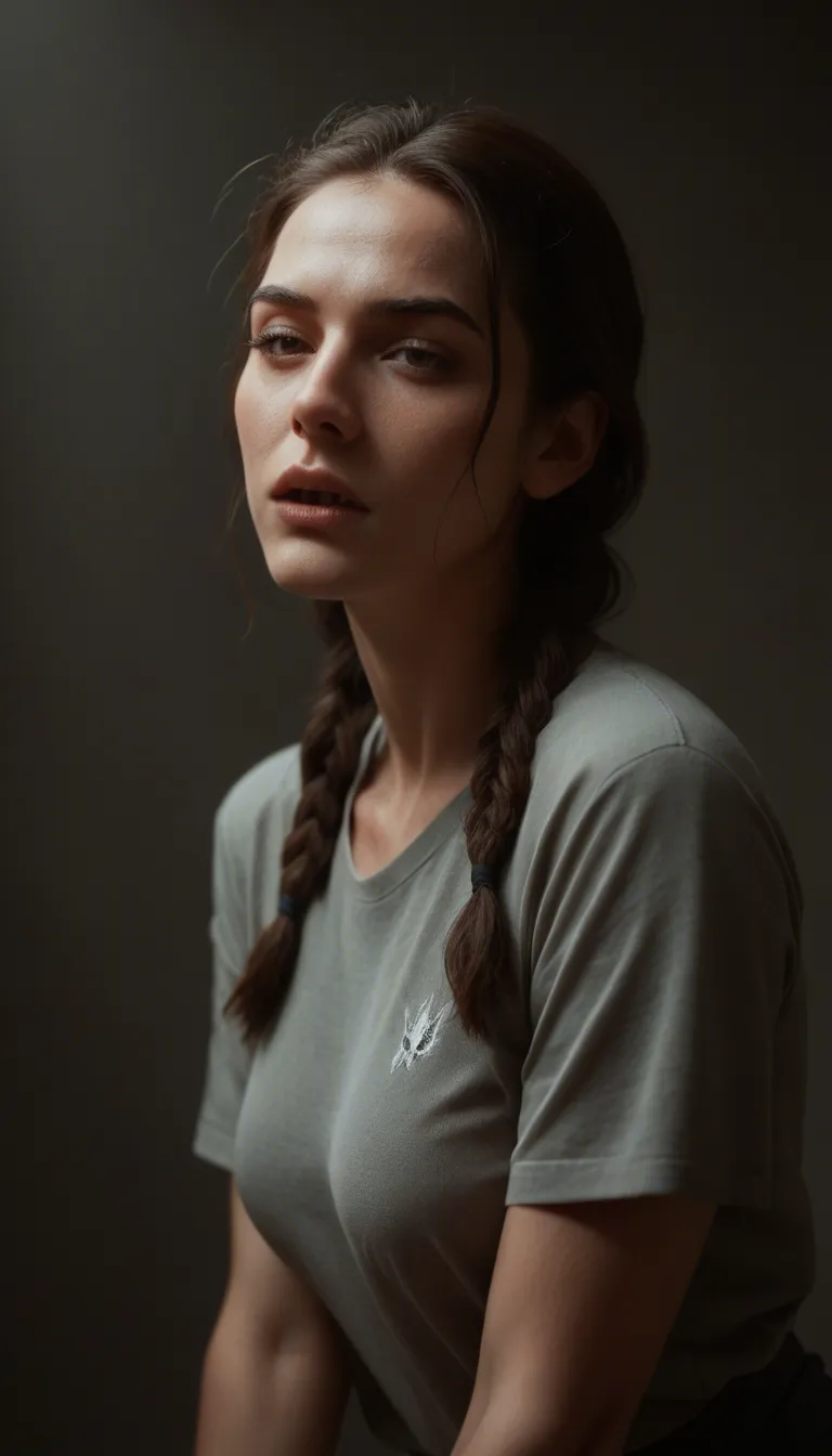 studio quality, sharp focus, brunette woman, twin braids, short sleeves, orgasm, dramatic lighting, lifelike render
