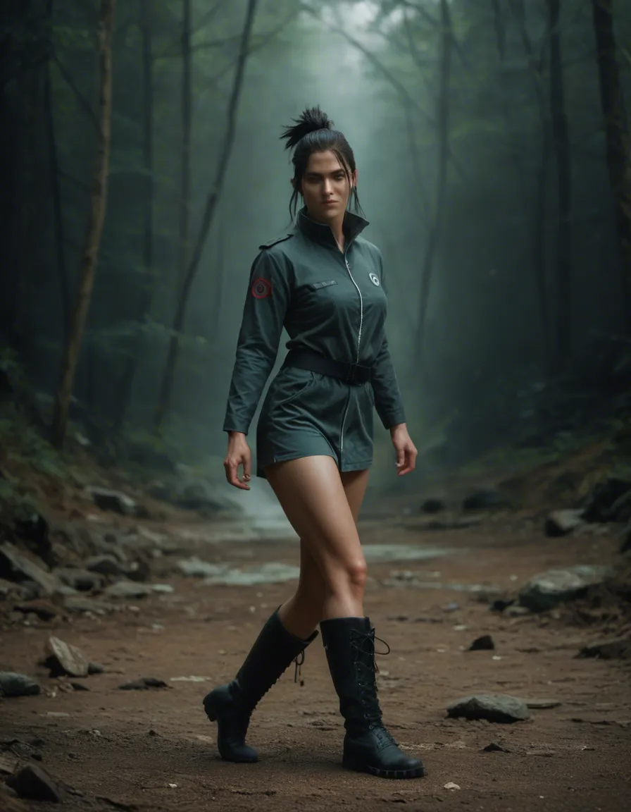 cinematic photo, 8k, solo, boots, leg up, RAW photo hinata from naruto, score_9, score_8, candid photo, realistic skin texture, visible skin pores, film grain, depth of field