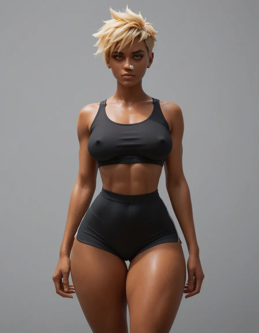 Tomboy girl, slightly shy facial expression, Tanned skin, semi fit, Short hair, yellow hair, yellow eyes, bandaid on nose, very small boobs but has long erect puffy nipples, small waist, huge thighs, thigh gap, huge ass,  skin tight booty shorts, sports bra, score_9, score_8, candid photo, realistic skin texture, visible skin pores, film grain, depth of field