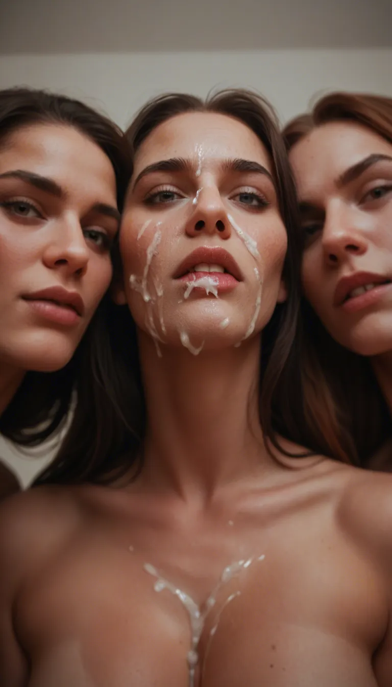 best quality, hyperrealistic, from below, 3women, cum on face, being fucked