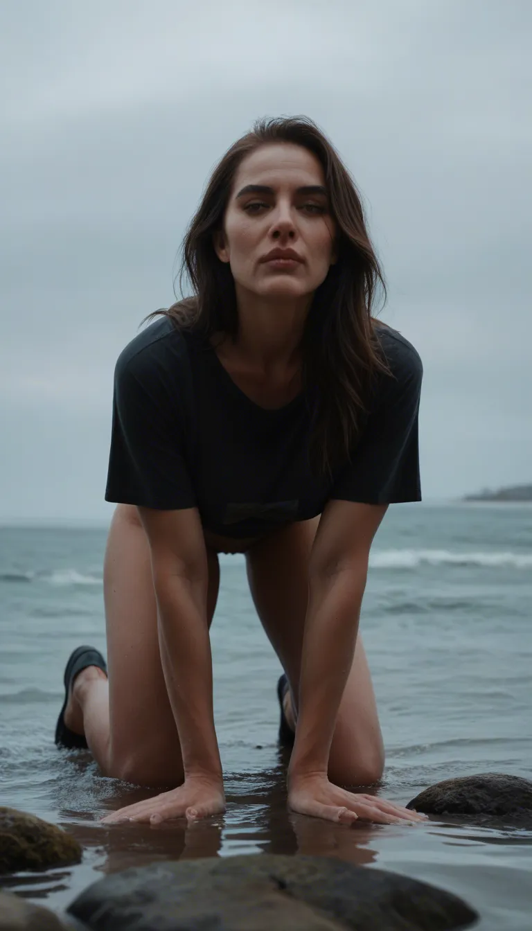 cinematic photo, 8k, mature female, black footwear, shirt, on all fours, water, extreme close-up, neon glow, RAW photo