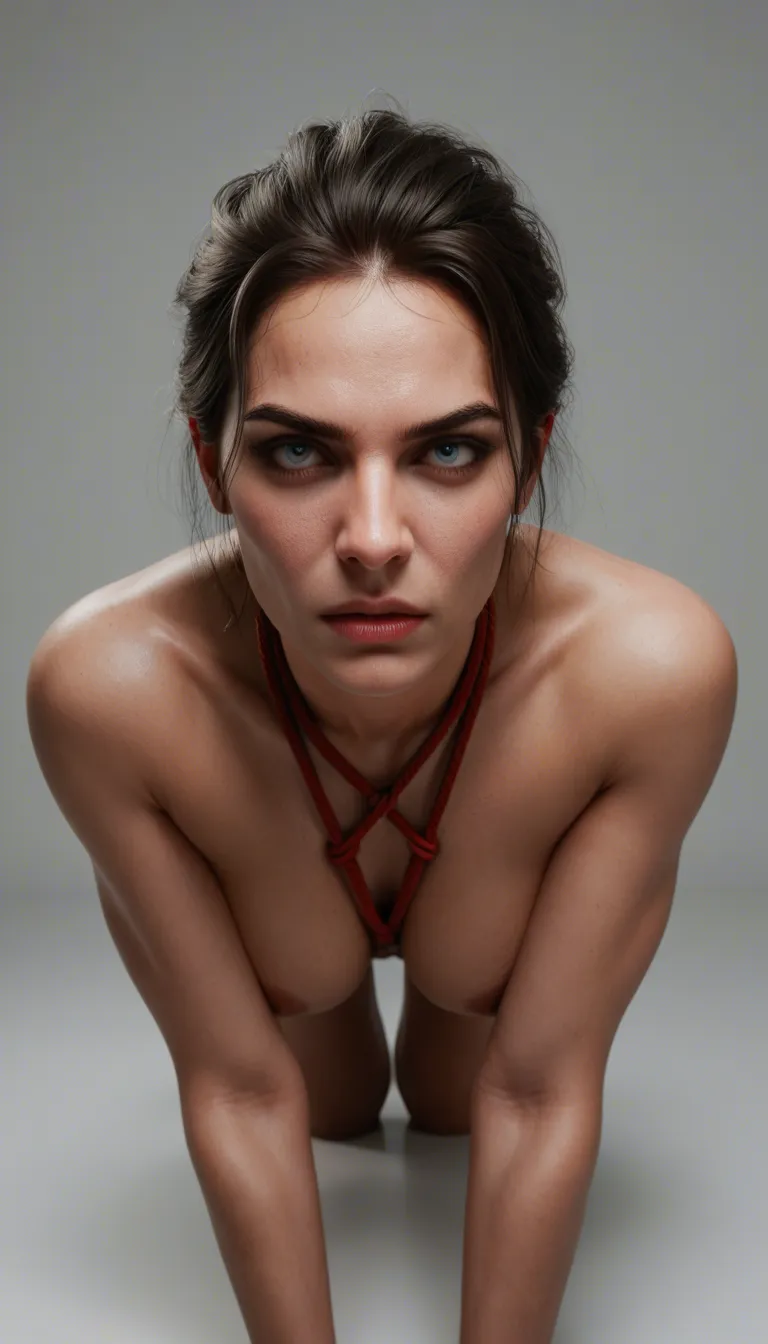 professional picture, aesthetic photoshoot, cinematic, high definition skin, detailed face, beautiful, woman wearing a shibari, bdsm, bondage, on all fours, (man from behind, man with penis. torso, penetration:1.4), nighttime, low light, dim light, shot from above