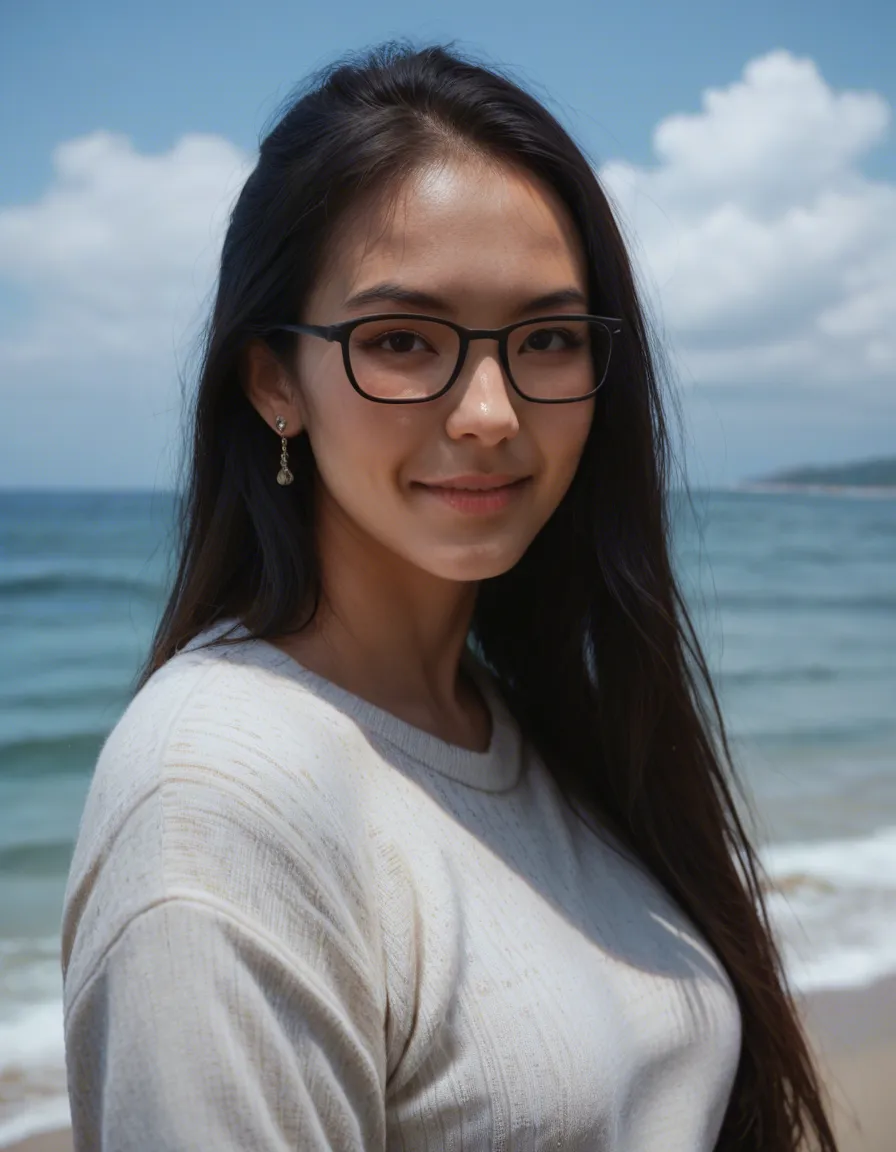 1woman, realistic, solo, glasses, asian, black hair, long hair, looking at viewer, sky, smile, outdoors, upper body, day, jewelry, black-framed eyewear, photorealistic, earrings, blue sky, sweater, shirt, ocean, photo background, black eyes, red sweater, showing ass, score_9, score_8, candid photo, realistic skin texture, visible skin pores, film grain, depth of field