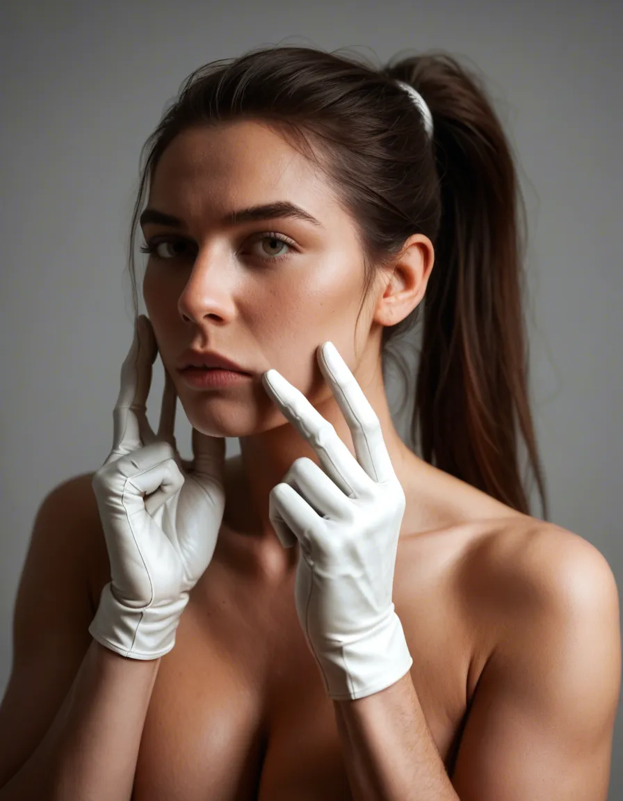 best quality, hyperrealistic, male focus, ponytail, white gloves, fully nude, rim light, film photography, score_9, score_8, candid photo, realistic skin texture, visible skin pores, film grain, depth of field