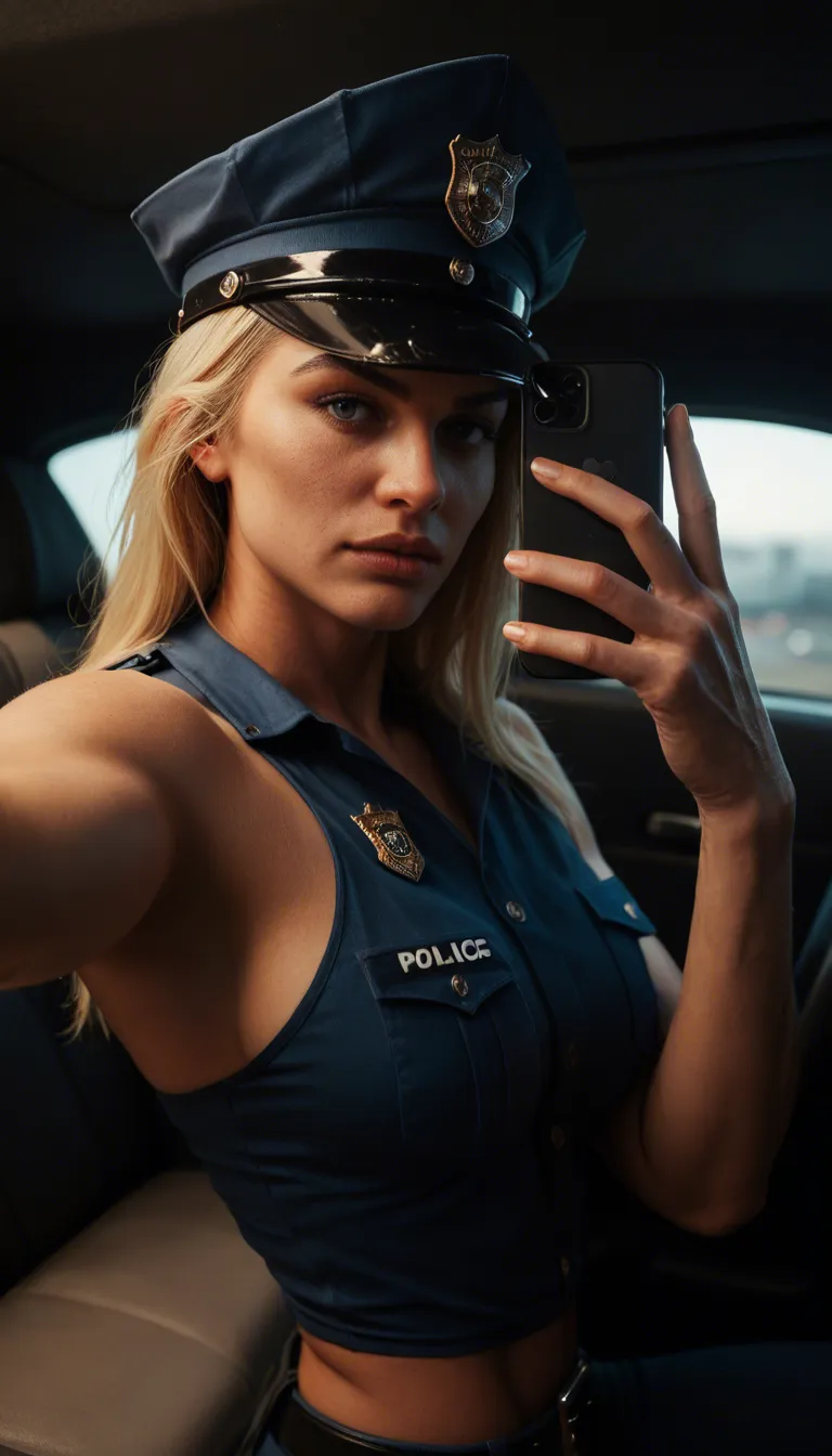 A blonde mature_female wearing a police uniform is taking a selfie while straddling and riding a muscular black man in the back of a police car. Dramatic lighting, ultra realistic, full body.