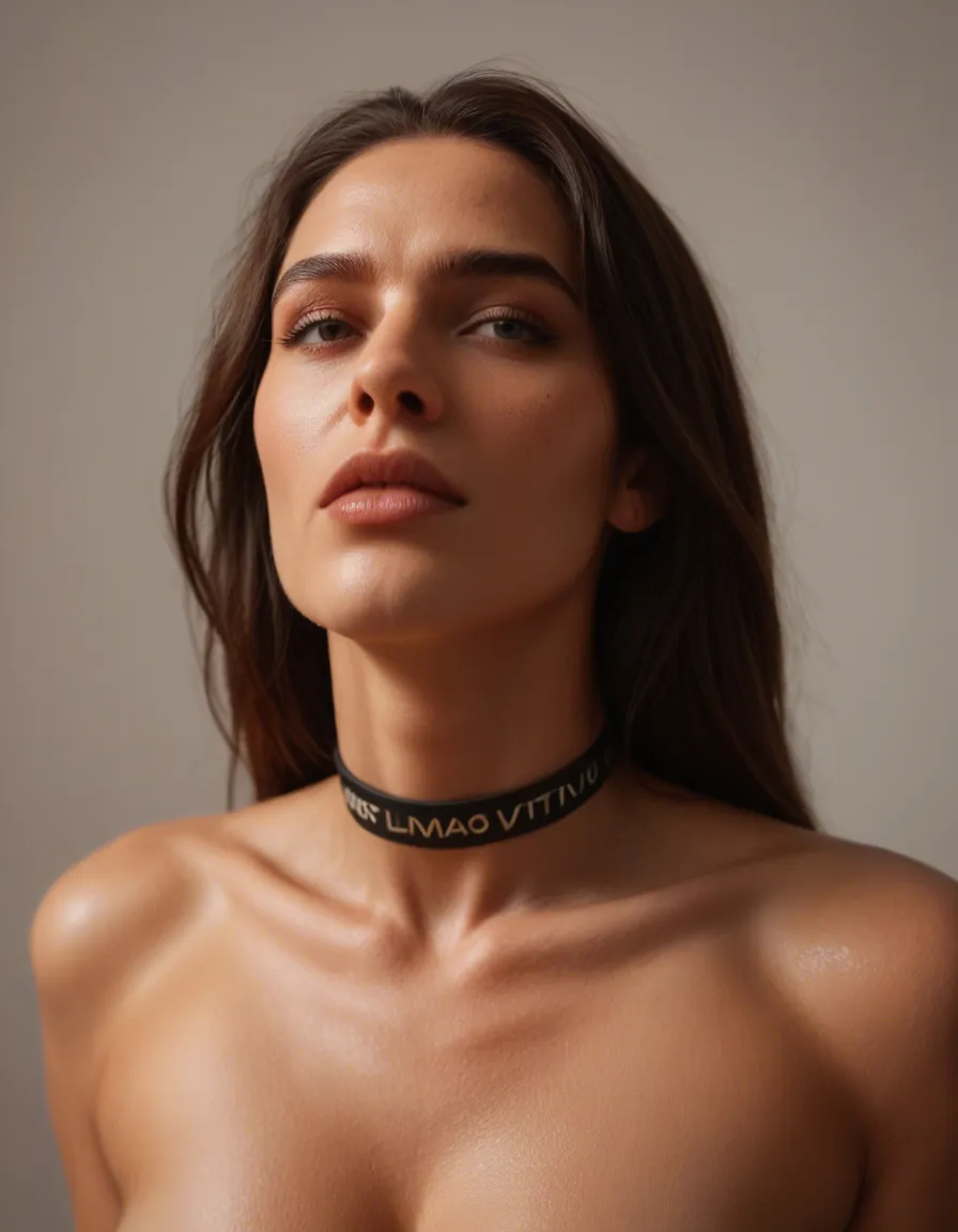 8k, sharp focus, detailed skin, solo female, choker, fully nude, hyperrealistic, score_9, score_8, candid photo, realistic skin texture, visible skin pores, film grain, depth of field