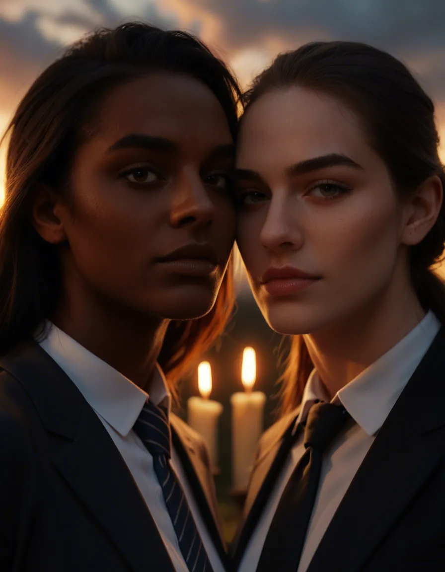 highly detailed, natural lighting, couple, dark-skinned female, necktie, presenting, cloud, close-up, candlelight, hyperrealistic, score_9, score_8, candid photo, realistic skin texture, visible skin pores, film grain, depth of field