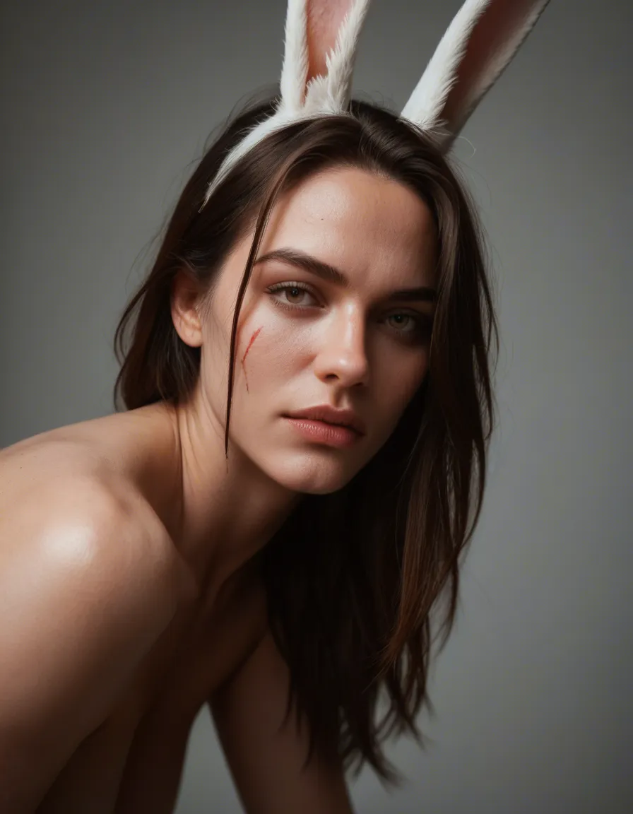 dslr, film grain, photorealistic, extreme close-up, bunny woman, bent over, scar, film photography, score_9, score_8, candid photo, realistic skin texture, visible skin pores, film grain, depth of field