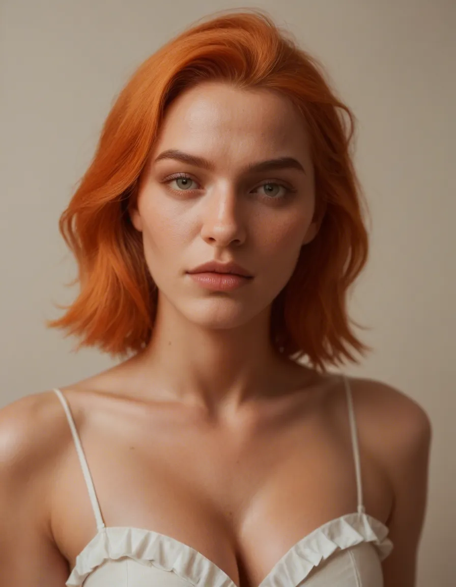 ultra HD, lifelike, solo female, orange hair, frills, presenting, warm tones, cinematic realism, score_9, score_8, candid photo, realistic skin texture, visible skin pores, film grain, depth of field