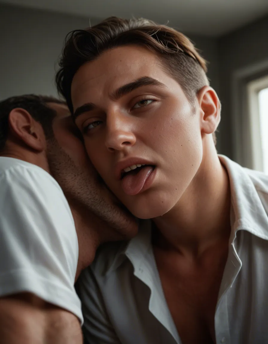sharp focus, 8k uhd, 2boys, toes, white shirt, bedroom eyes, ahegao, cloudy sky, backlit, film photography, score_9, score_8, candid photo, realistic skin texture, visible skin pores, film grain, depth of field