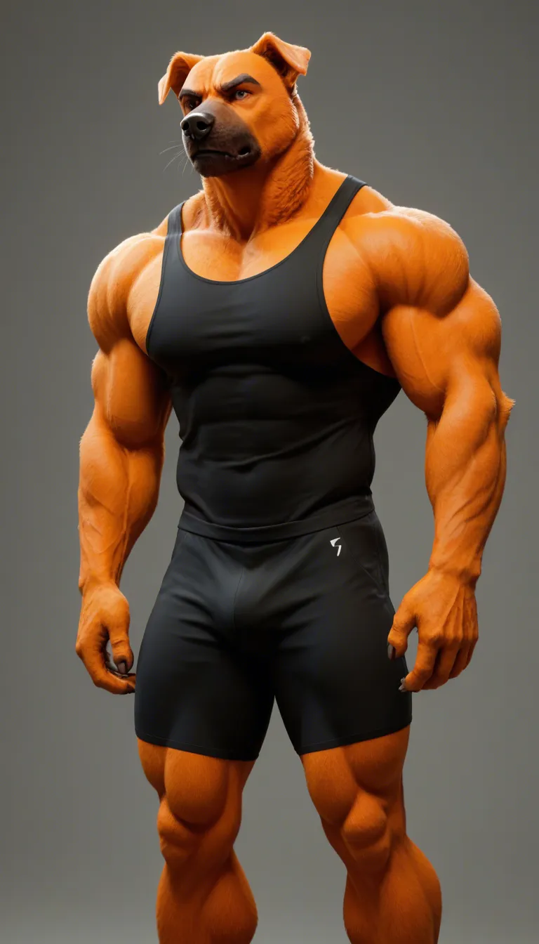 best quality, high quality, amazing quality, male, solo, anthro dog, buff, big and huge muscles, orange body/fur, thick arms, short tail, black eyes, thick red eyebrows, short ears, gray muzzle, black nose, grinning, wide grin, happy, orange belly, orange breast, tusks, angry, green beanie with red "D", bulldog, naked, squatting, humanoid feet, 5 toes, twerking, big butt, balls, from behind, back