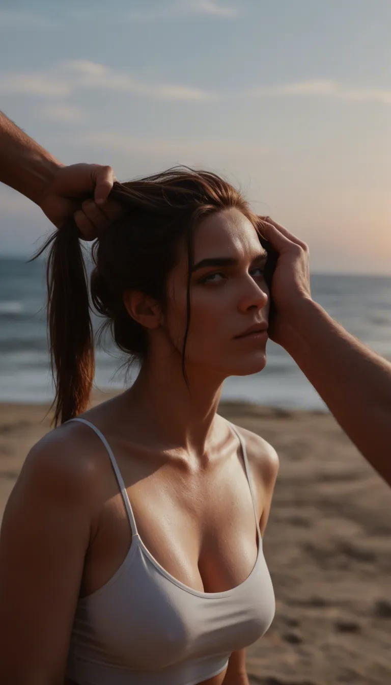 dslr, film grain, photorealistic, three-quarter view, couple, hair pull, medium breasts, sky, dreamy atmosphere, dslr quality