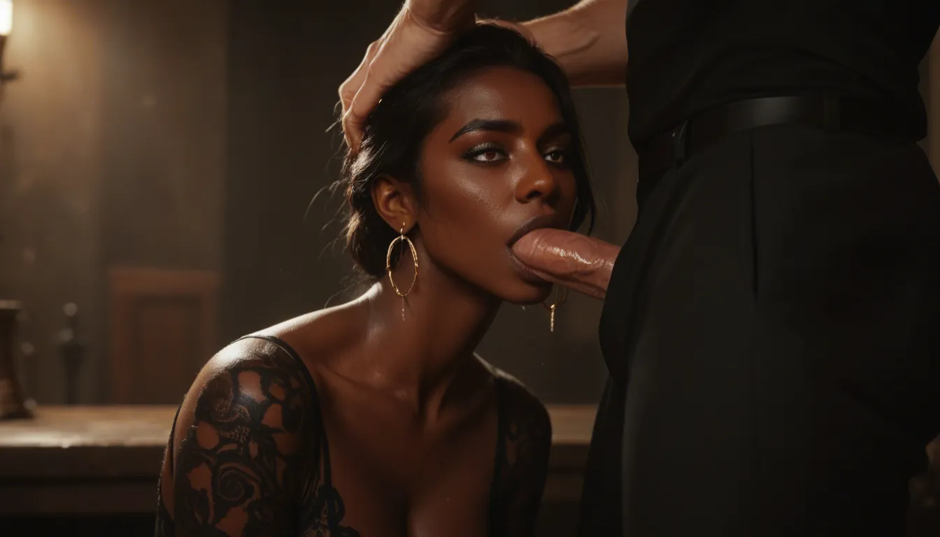 Prompt
Tall ebony woman dark skin complexion her see though lace dress is over covering her head behind her a large black man the woman getting fucked from behind by the black man dressed in a suit dripping sweat the fucking is slow and forceful and her facial expression is one of pleasure as she drools their bodies rebound off the wall as they both move