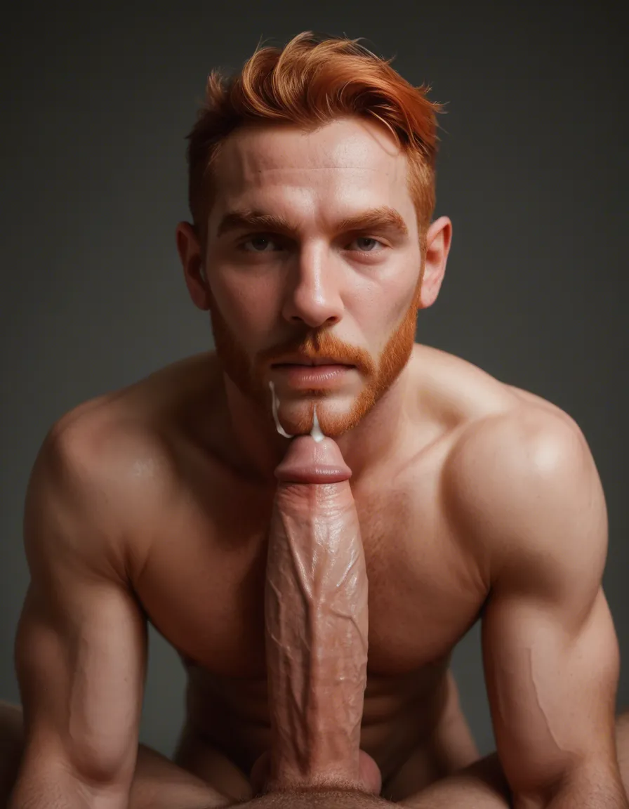 Ginger man with
a big cock and cum over hes whole body, score_9, score_8, candid photo, realistic skin texture, visible skin pores, film grain, depth of field
