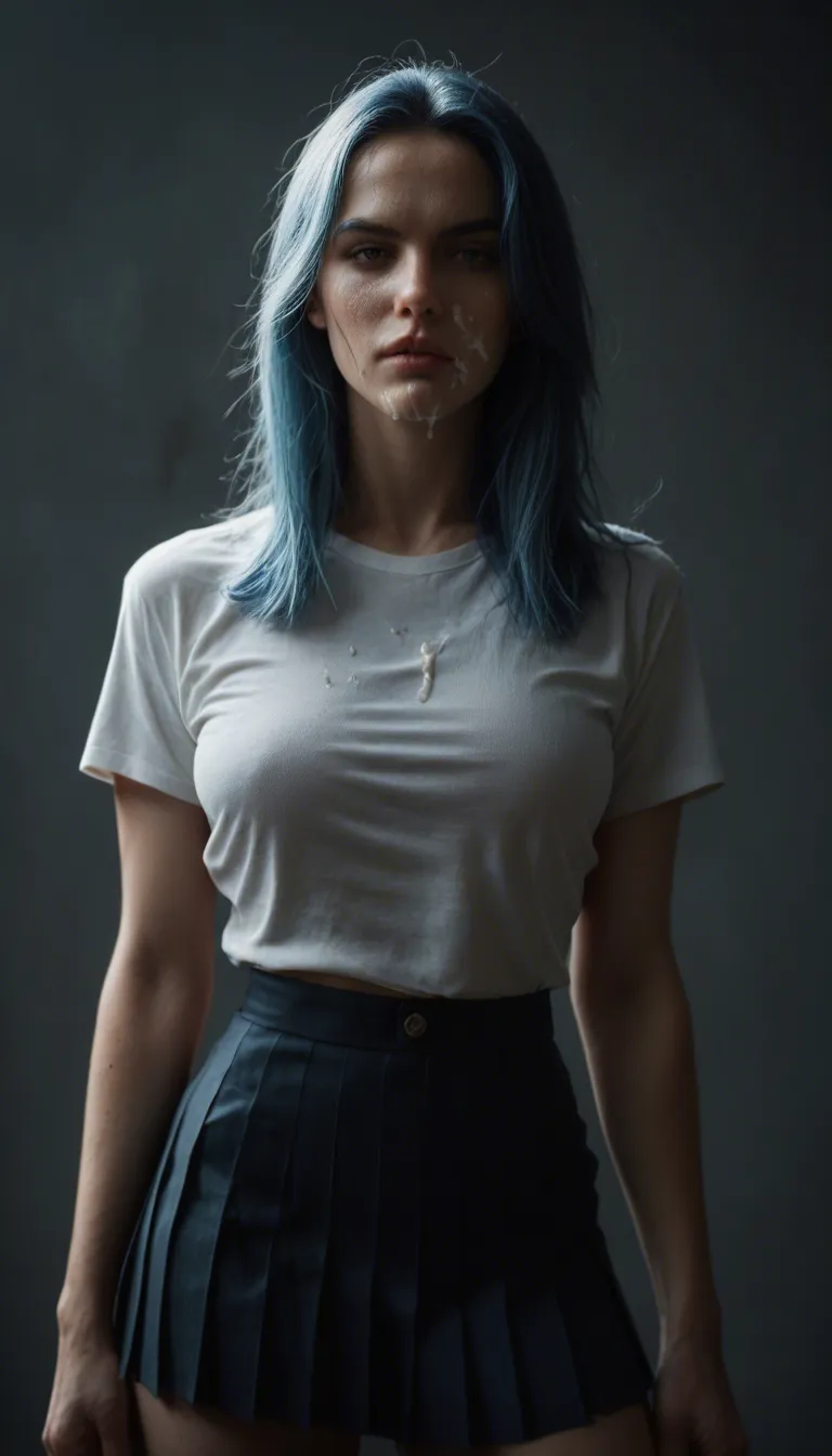 sharp focus, 8k uhd, solo female, blue hair, pleated skirt, cum on face, moonlight, film photography