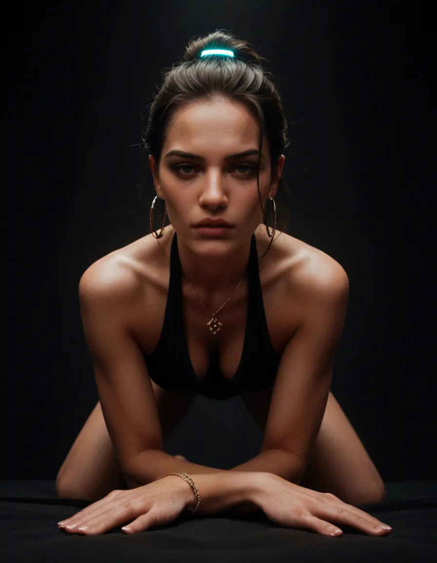 best quality, hyperrealistic, black woman, -age mid 30s, feet, jewelry, doggy style, black background, wide shot, neon glow, photorealistic, score_9, score_8, candid photo, realistic skin texture, visible skin pores, film grain, depth of field