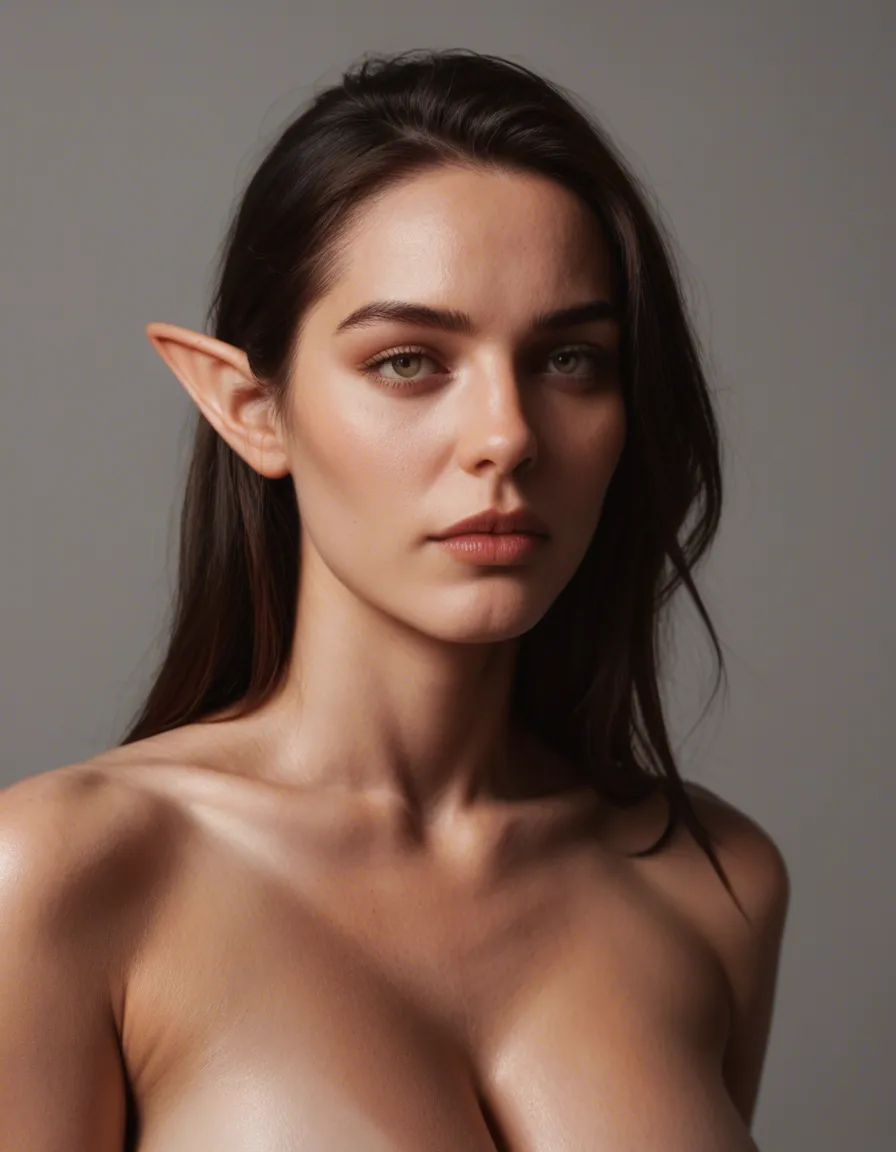 dslr, film grain, photorealistic, three-quarter view, elf woman, fully nude, large breasts, grey background, 8k uhd photo, score_9, score_8, candid photo, realistic skin texture, visible skin pores, film grain, depth of field