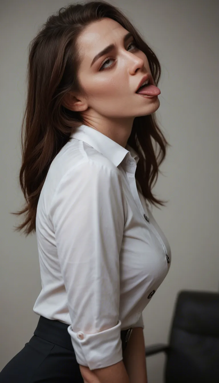 8k, sharp focus, detailed skin, side view, office lady, ahegao, buttons, mysterious vibe, photorealistic